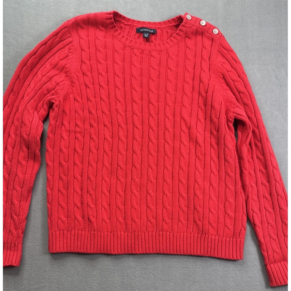 Lands End Drifter Sweater Sz PL Cable Knit button shoulder Red Cotton Preppy